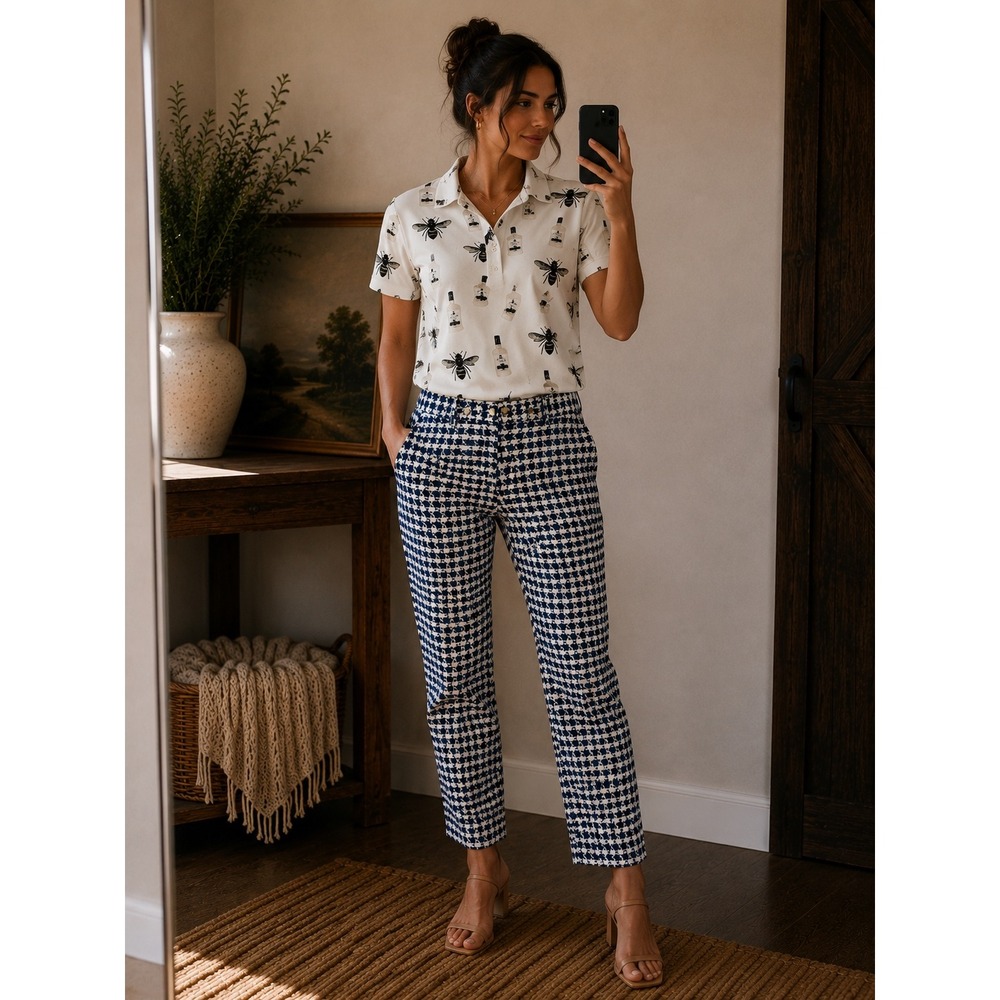 Zara‎ Basic Womens Navy Blue White Houndstooth Slim Ankle Pants Gold Buttons M